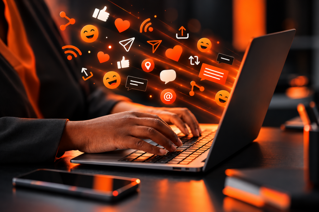 Hands typing on a laptop with social media reaction icons — hearts, likes, mentions and messages — rising from the screen.