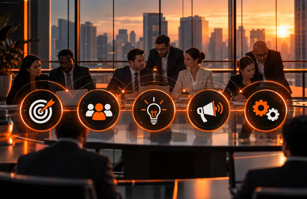 A team meeting around a boardroom table with target, audience, idea, promotion and process icons in the foreground.