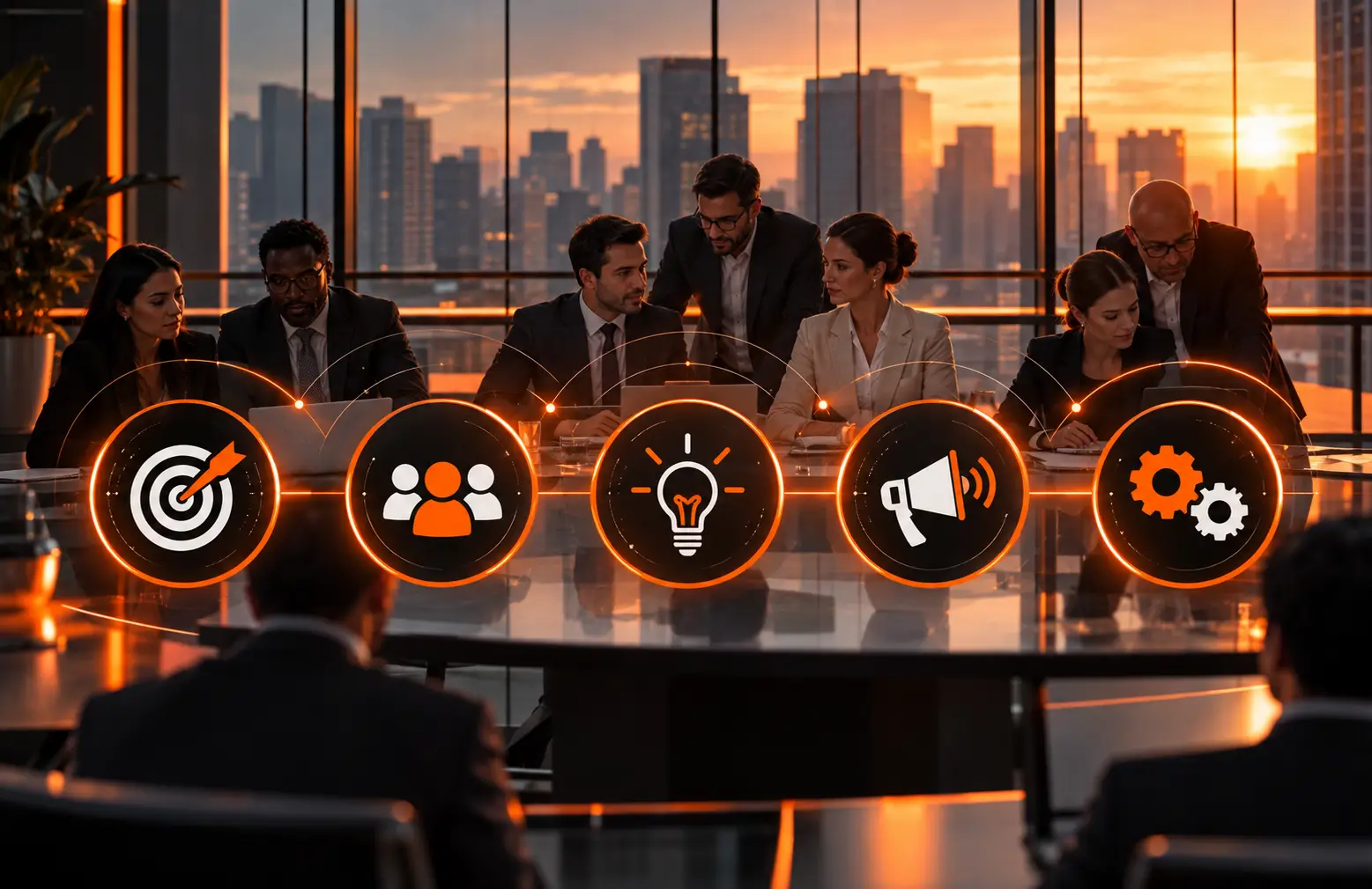 A team meeting around a boardroom table with target, audience, idea, promotion and process icons in the foreground.