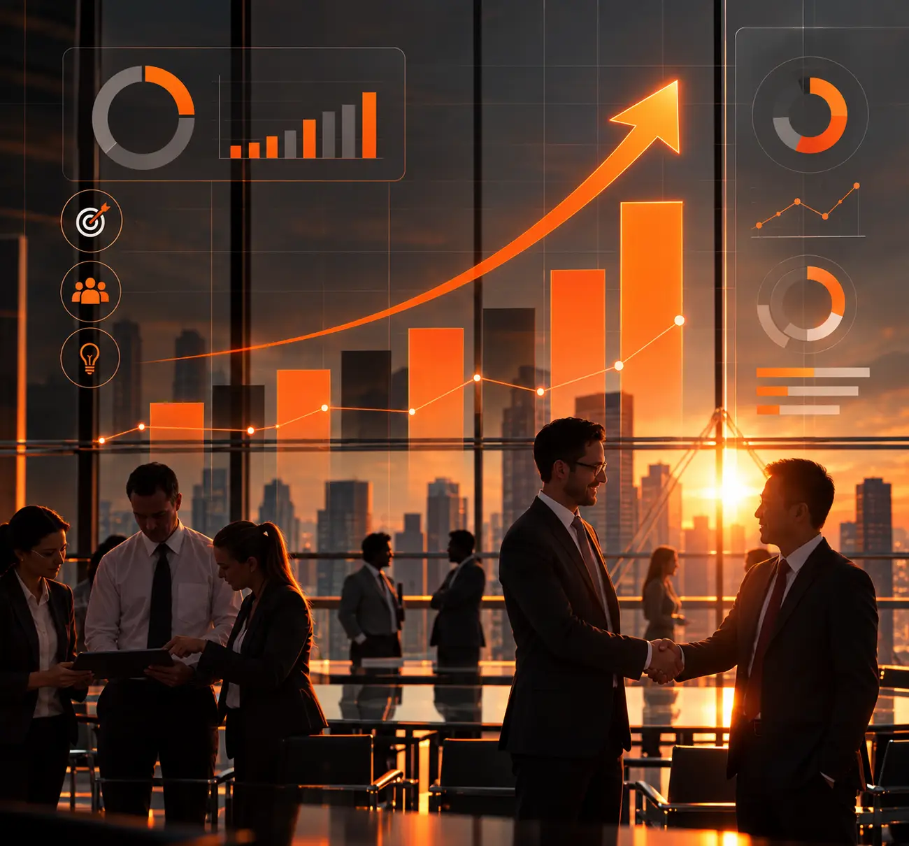 A rising bar chart and growth arrow above a business handshake in a glass-walled office at sunset.