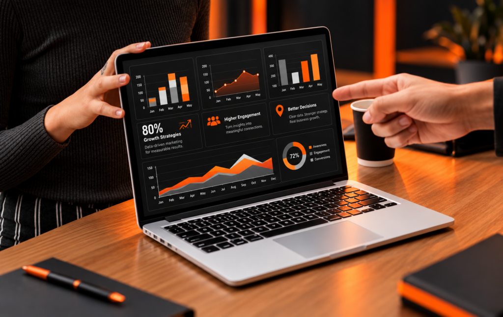 A person presenting a laptop screen filled with performance charts and growth metrics to a colleague.