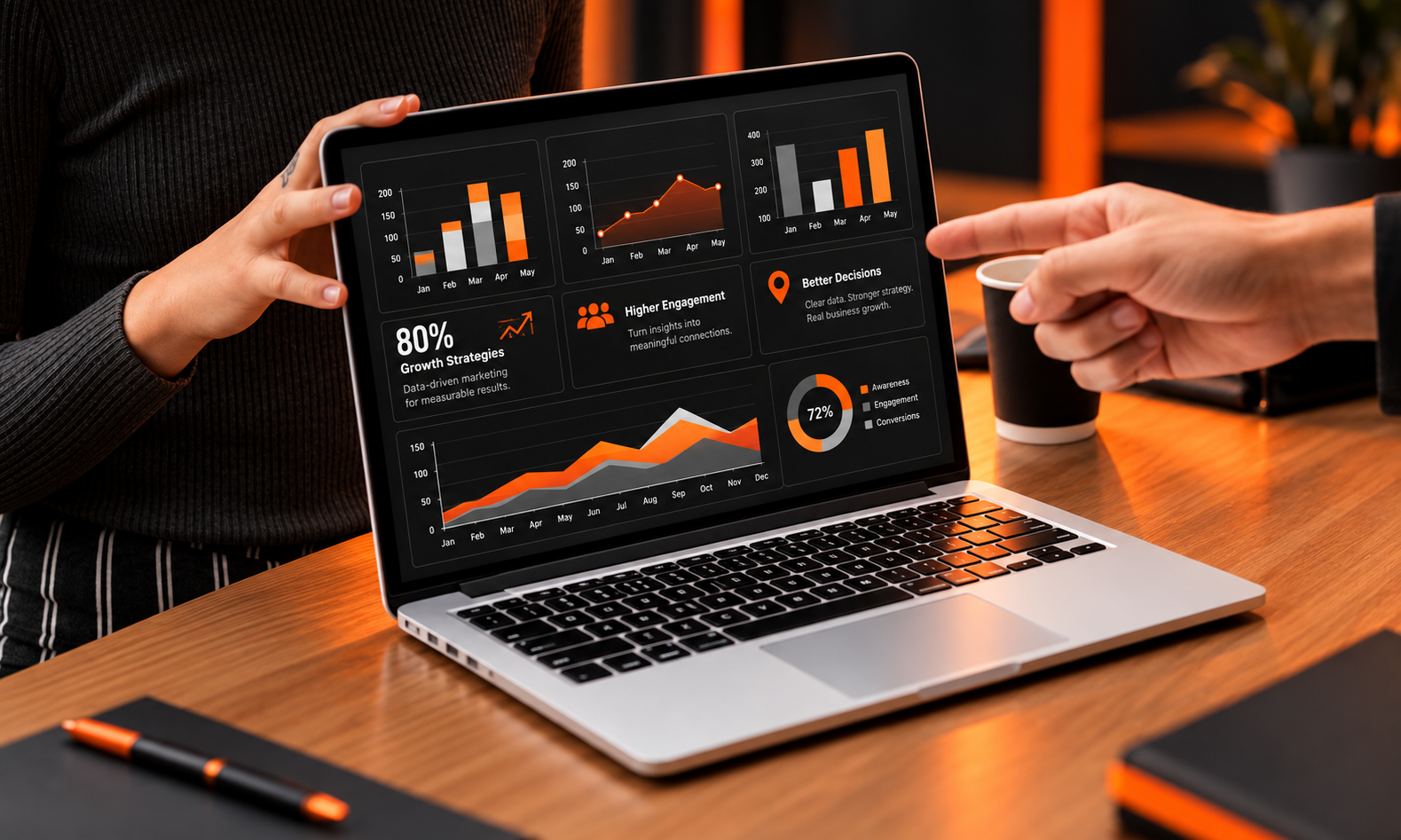 OajEx performance marketing visual: laptop showing campaign performance and conversion dashboard