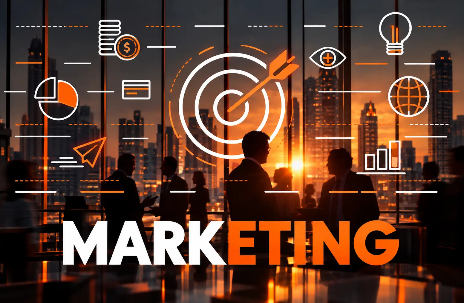 Marketing graphic with a dartboard and arrow surrounded by analytics, globe and lightbulb icons over a city skyline.