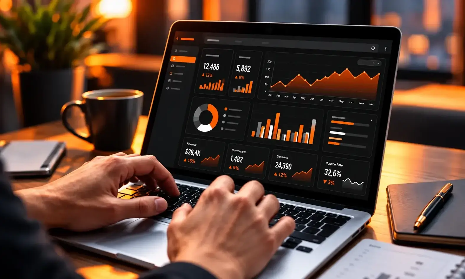OajEx analytics visual: laptop with KPI and growth analytics dashboard