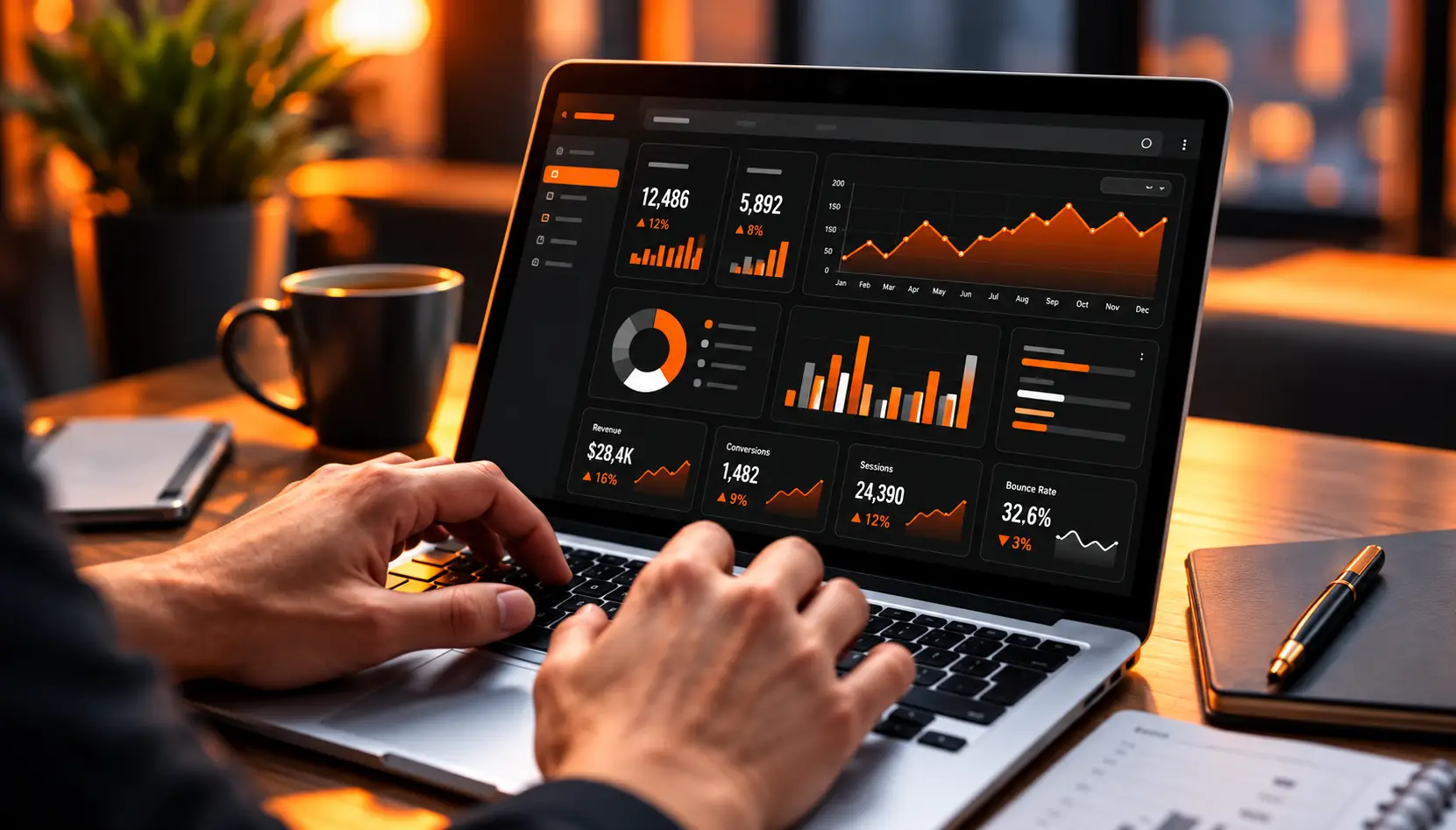 Hands typing on a laptop showing an analytics dashboard with line and bar charts in a warm-lit office.