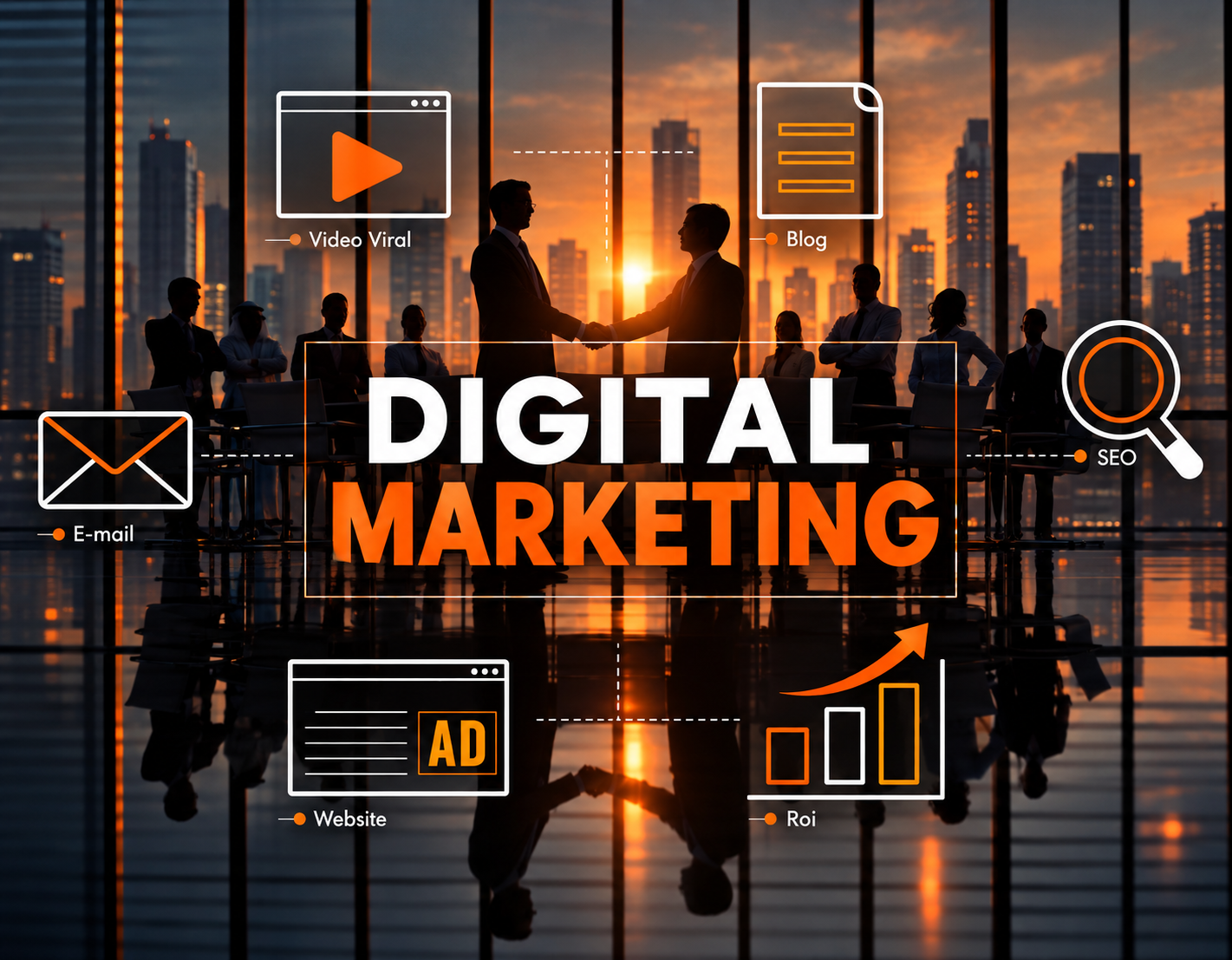 Digital marketing graphic with video, blog, SEO, email, website and ROI icons over a handshake and city skyline.