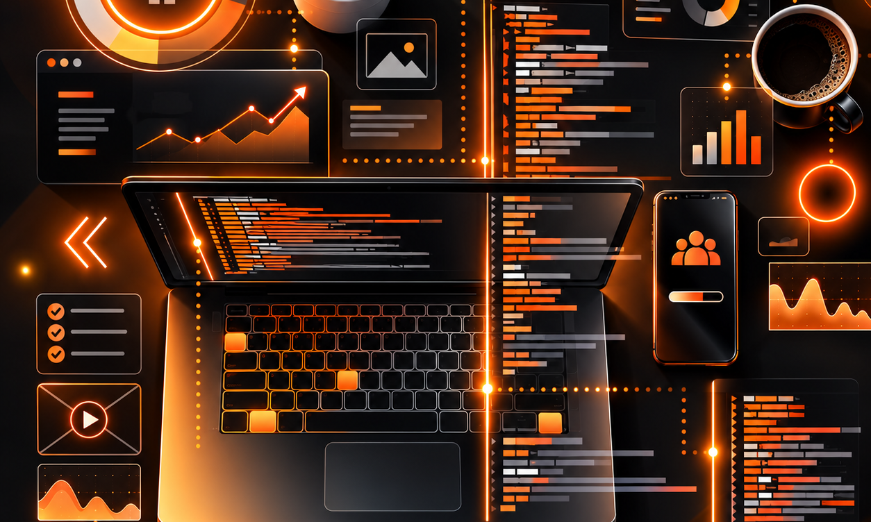 OajEx web design and development visual: laptop with code and website UI panels