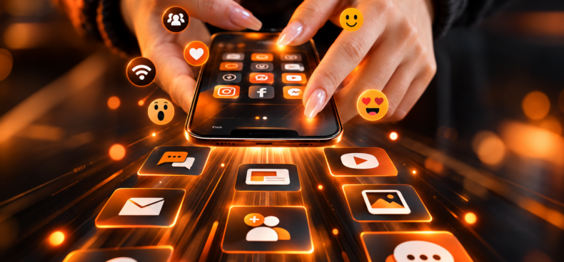 Hands holding a smartphone surrounded by social media notification and reaction icons