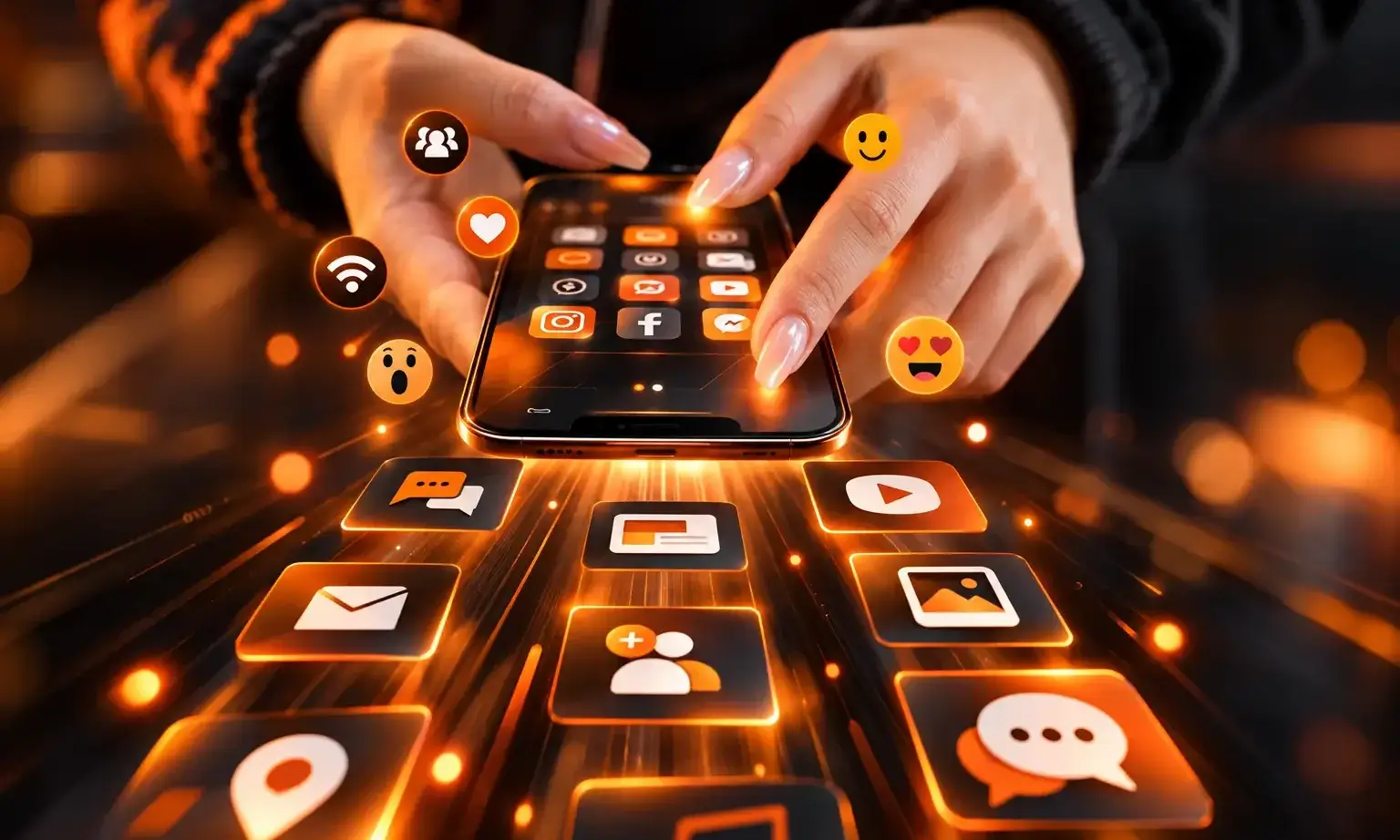 OajEx social media visual: smartphone surrounded by social media, messaging and engagement icons