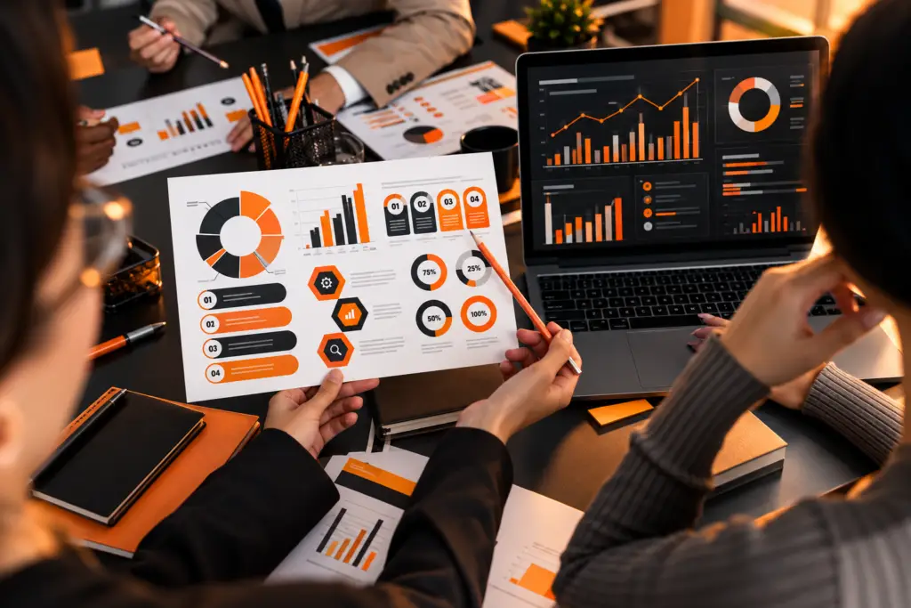 Team comparing printed marketing reports with a laptop analytics dashboard