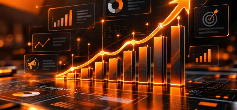 Glowing bar chart with an upward growth arrow and target icon representing measurable growth