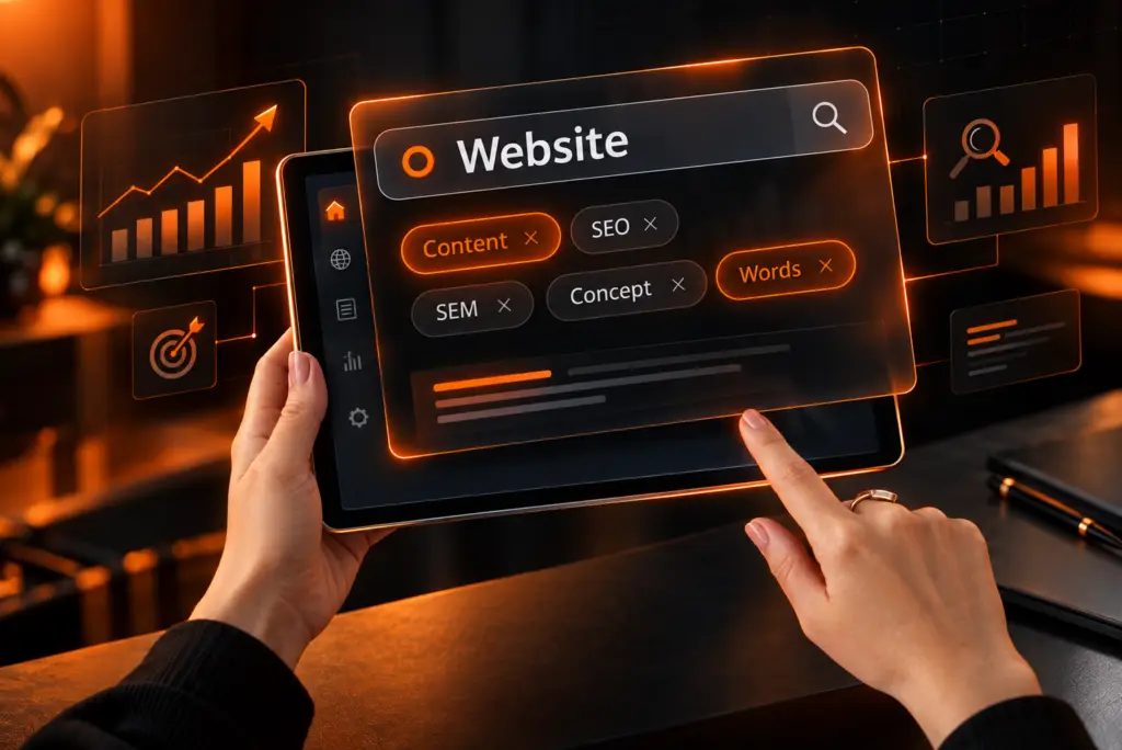 Hands using a tablet search interface with SEO, SEM and content keyword tags