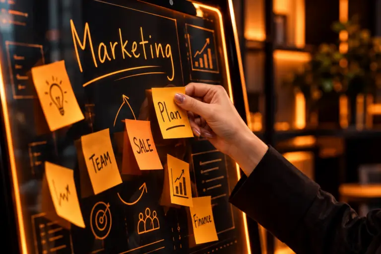 Hand placing sticky notes on a glass board while mapping out a marketing plan