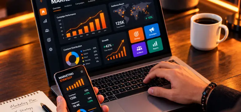 Laptop and smartphone showing a marketing campaign performance dashboard with conversion metrics